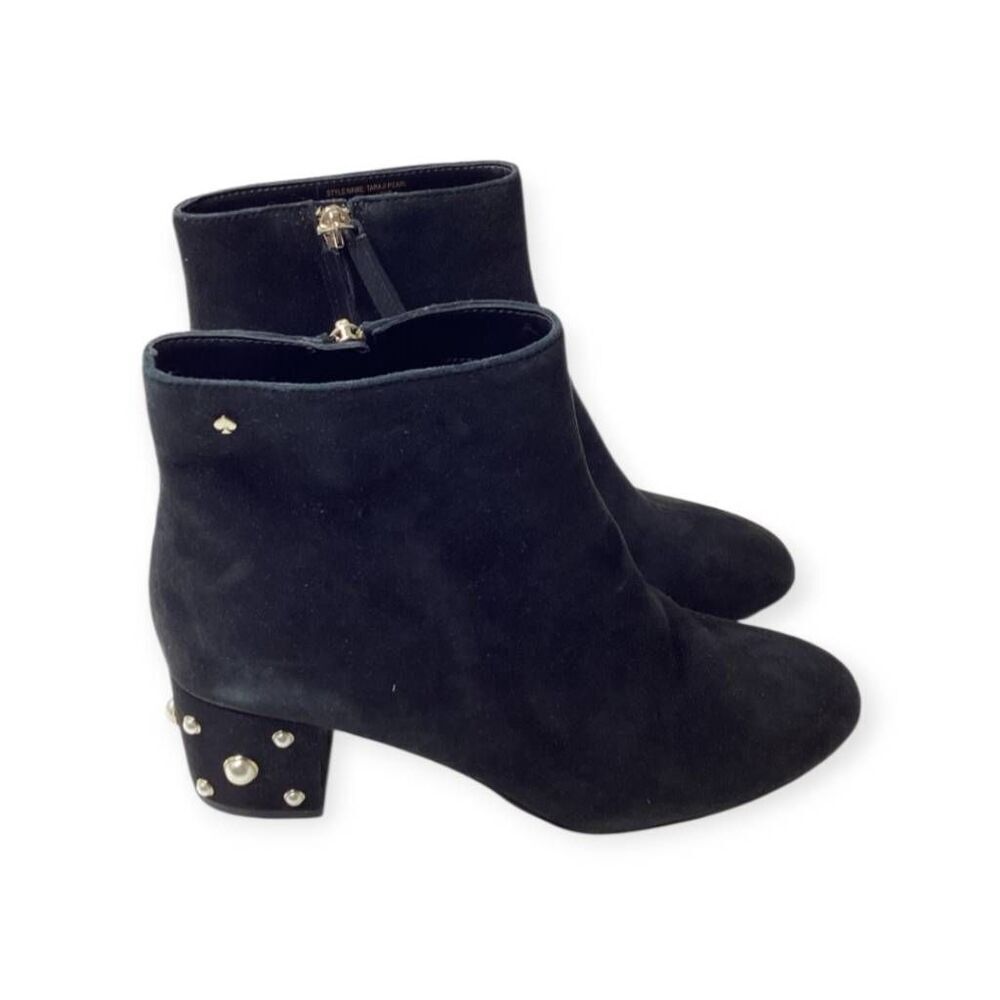 Kate Spade Black Suede Taraji Faux Pearl Block Heel Ankle‎ Bootie Size 7.5
